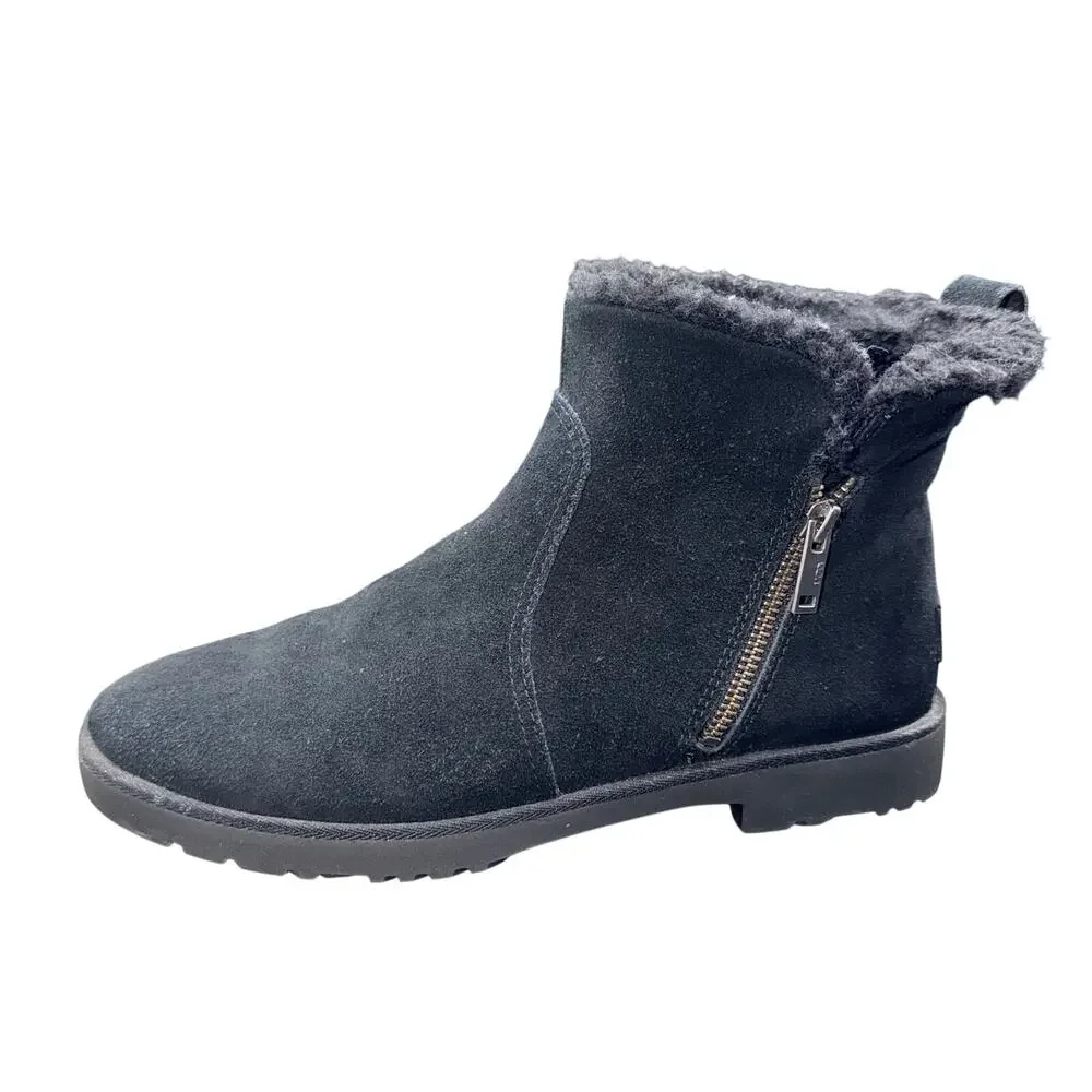 UGG Lorna Mini Zip Boots Black Suede Shearling Womens 8.5 Waterproof